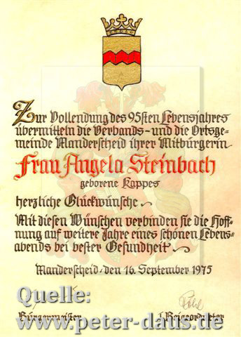Urkunde anläßlich des 95sten Geburtstag von Angela Steinbach geb. Kappes